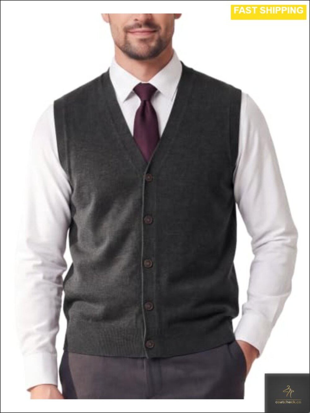 Mens 100% Merino Wool Button Up Sweater Vest V Neck Cardigan